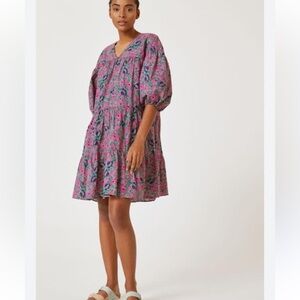 Anthropologie Sundry  Floral Puff Sleeve Tiered Poplin Mini Dress Purple new